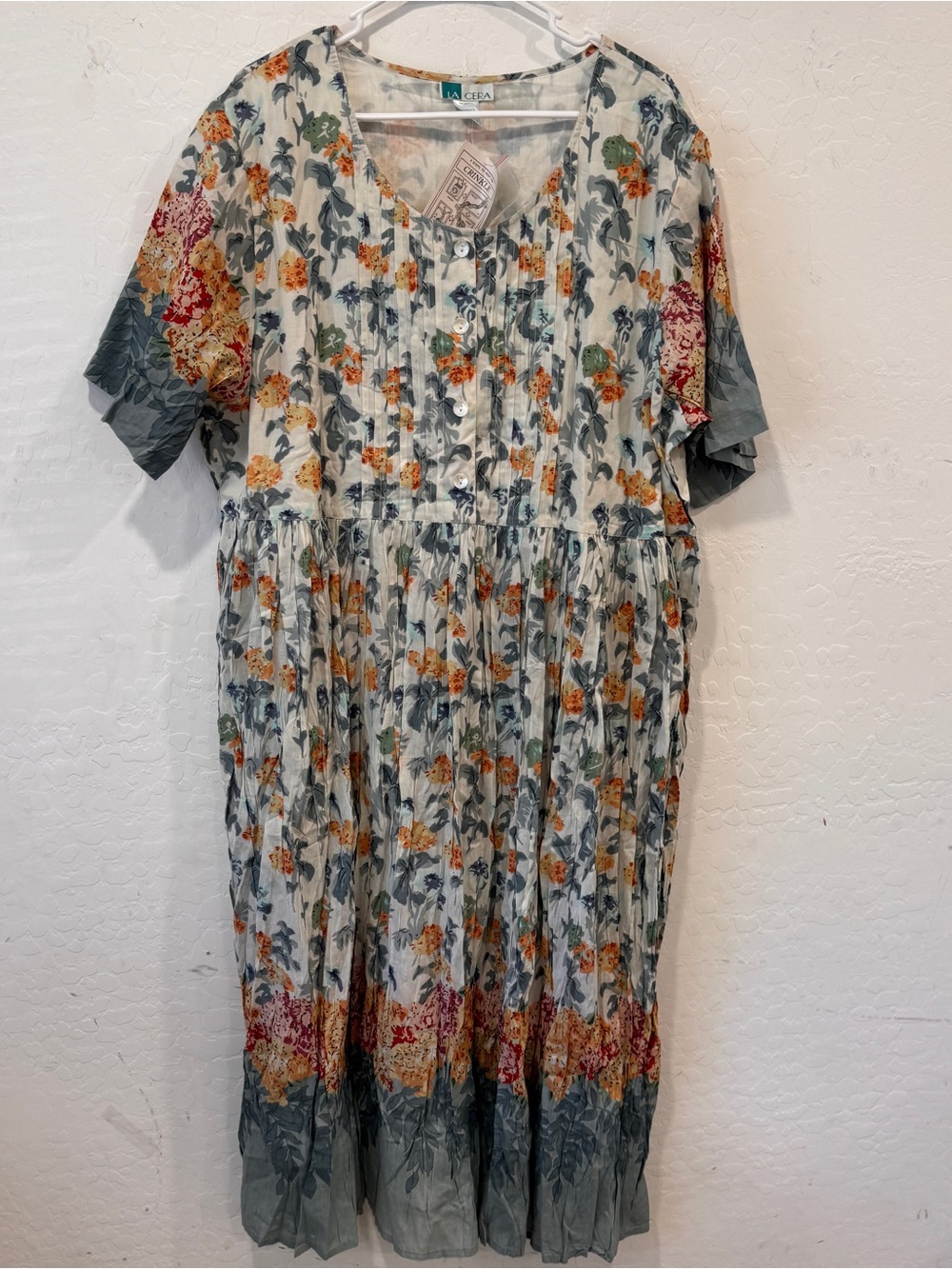 La Cera Floral Maxi Dress Womens 2XG Cottagecore Crinkle Pleated Cotton